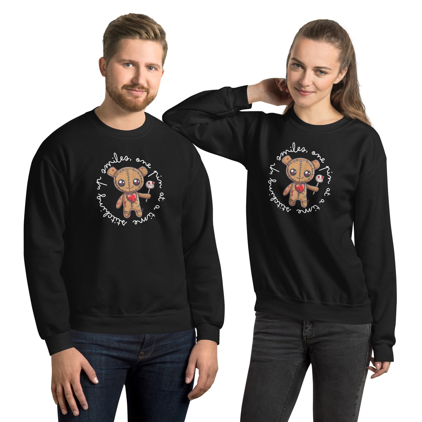 Voodoo Doll Quote: "Stitching up smiles on pin at a time" Unisex Sweatshirt