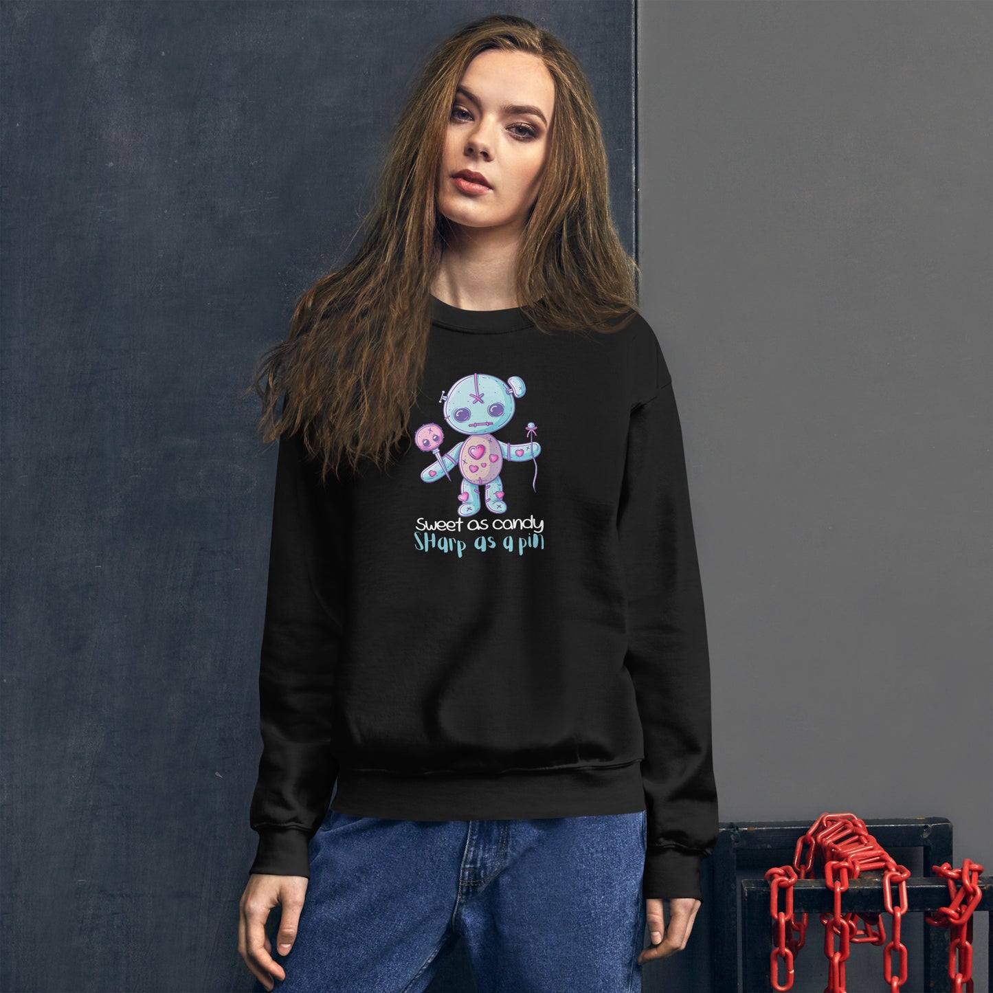 Voodoo Doll Quote: "Sweet as candy sharp as a pin" Unisex Sweatshirt