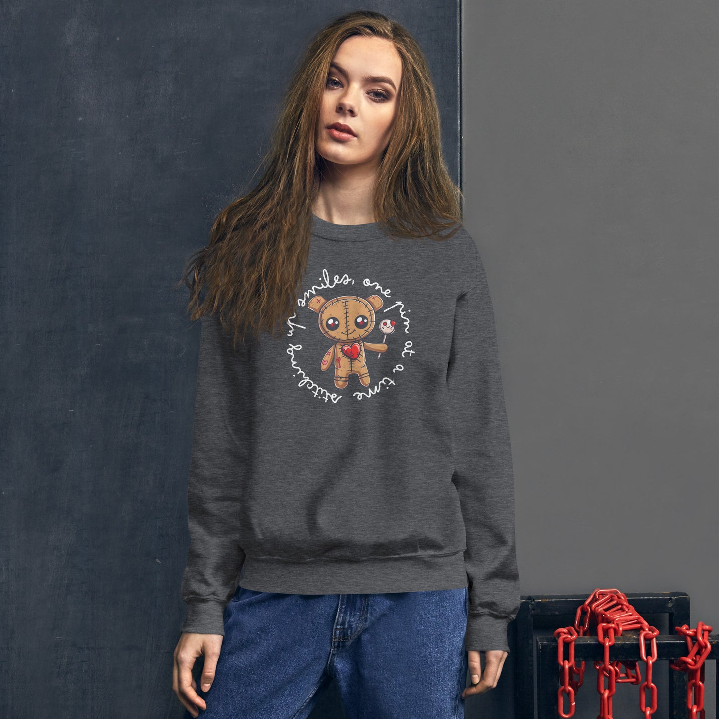 Voodoo Doll Quote: "Stitching up smiles on pin at a time" Unisex Sweatshirt