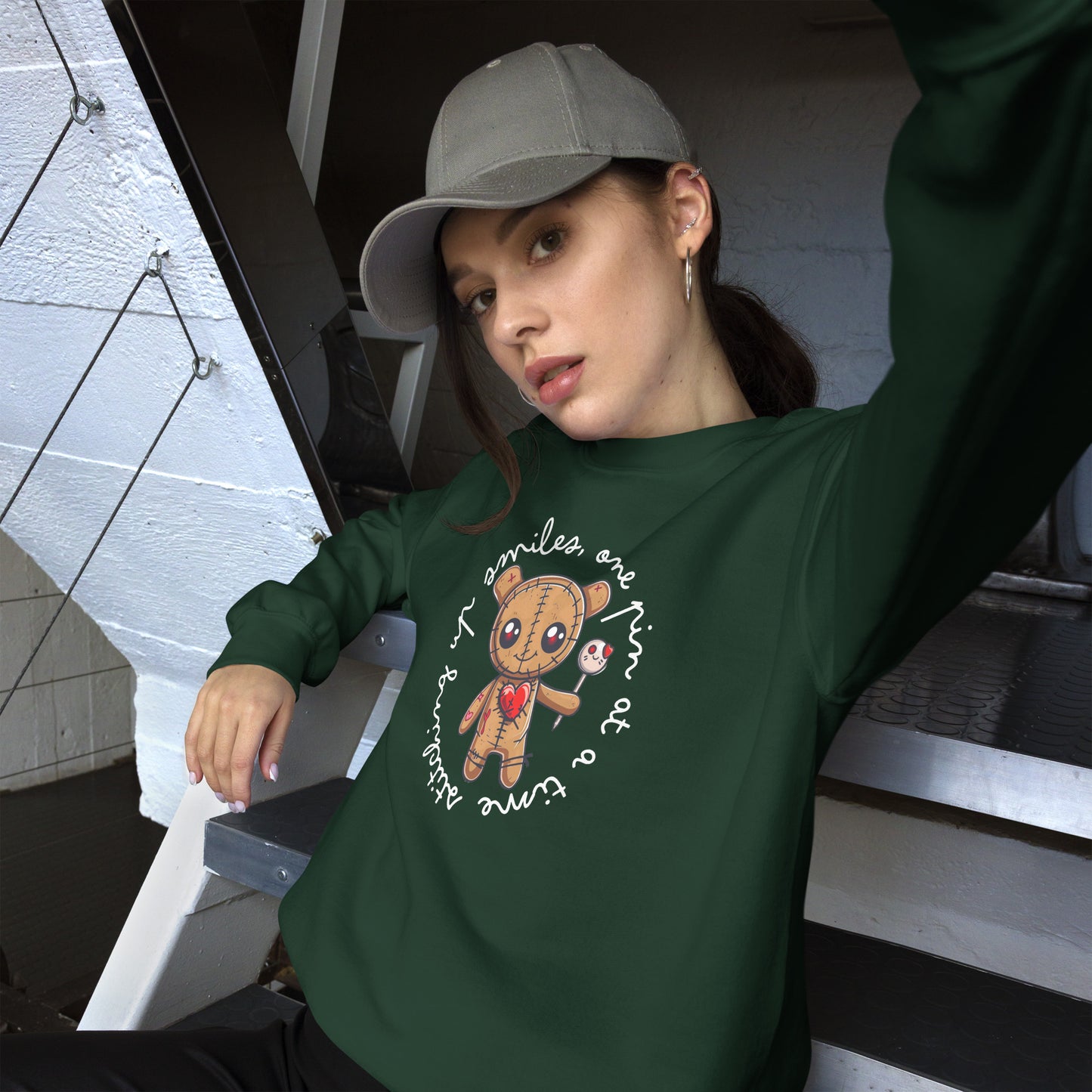 Voodoo Doll Quote: "Stitching up smiles on pin at a time" Unisex Sweatshirt