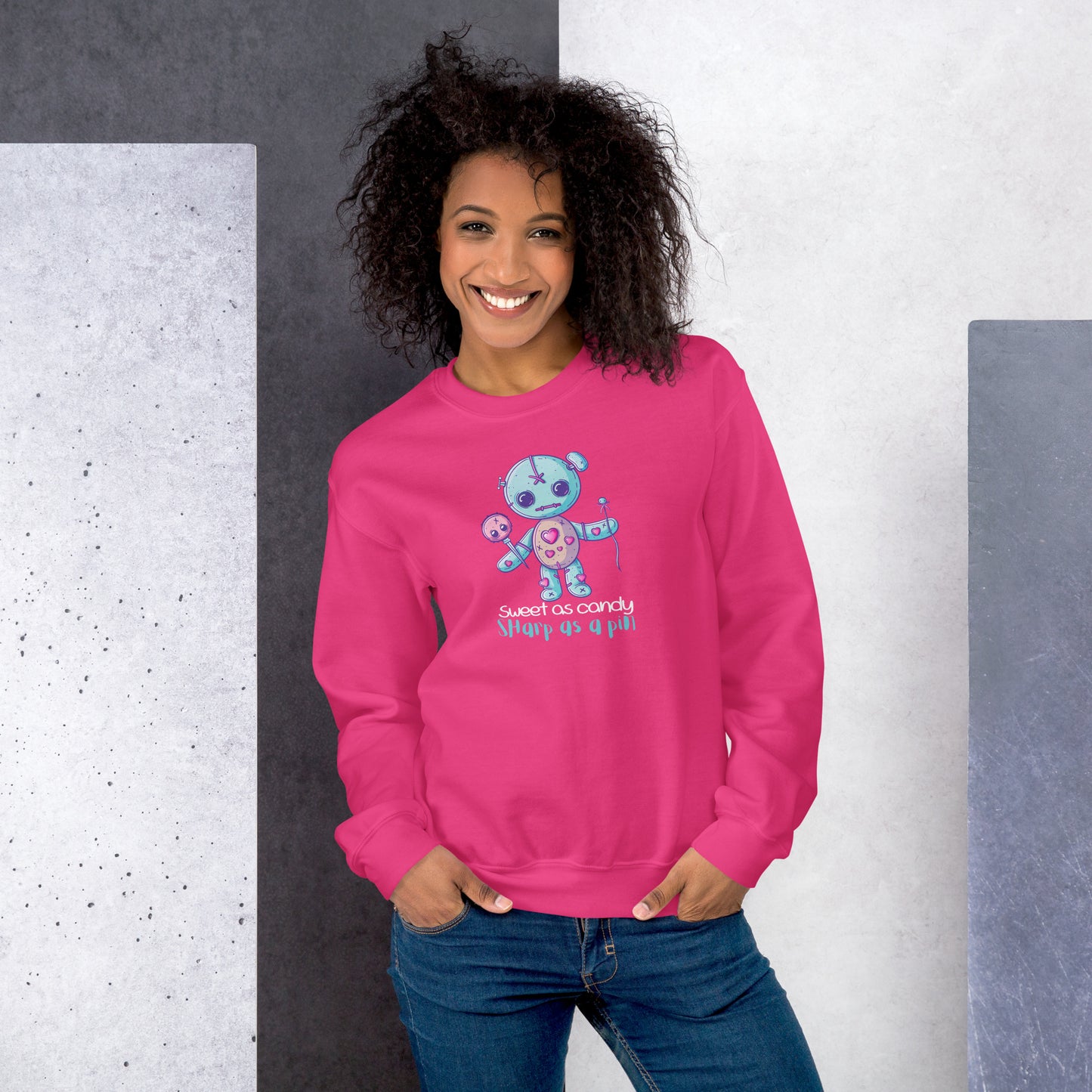 Voodoo Doll Quote: "Sweet as candy sharp as a pin" Unisex Sweatshirt