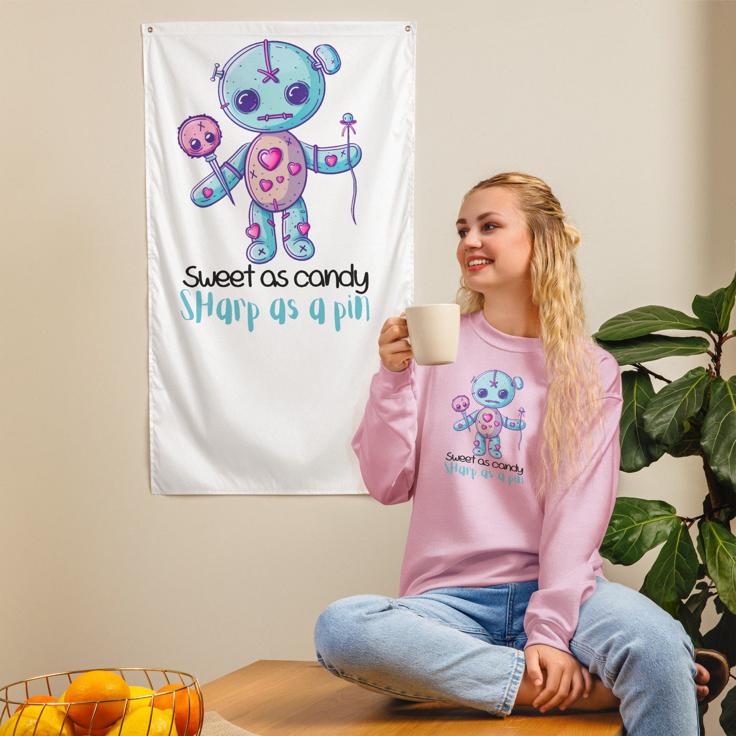 Voodoo Doll Quote: "Sweet as candy sharp as a pin" Unisex Sweatshirt