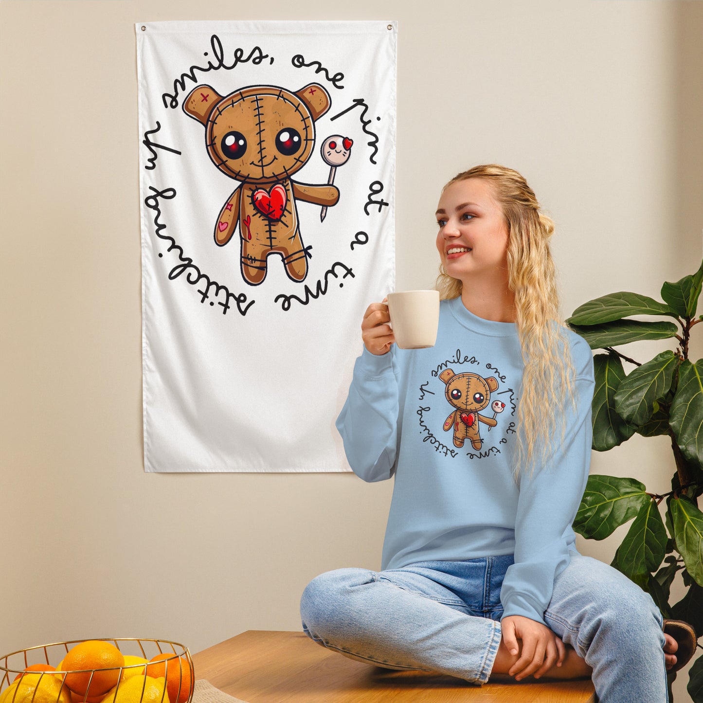 Voodoo Doll Quote: "Stitching up smiles on pin at a time" Unisex Sweatshirt