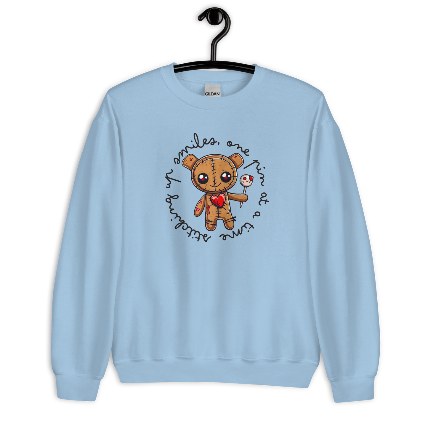 Voodoo Doll Quote: "Stitching up smiles on pin at a time" Unisex Sweatshirt