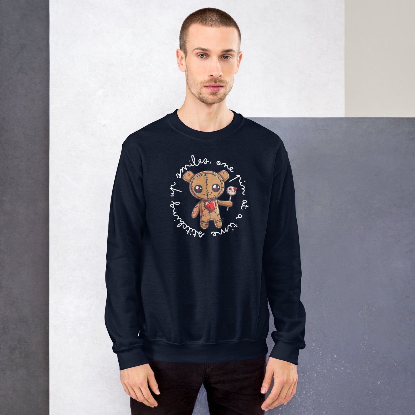 Voodoo Doll Quote: "Stitching up smiles on pin at a time" Unisex Sweatshirt
