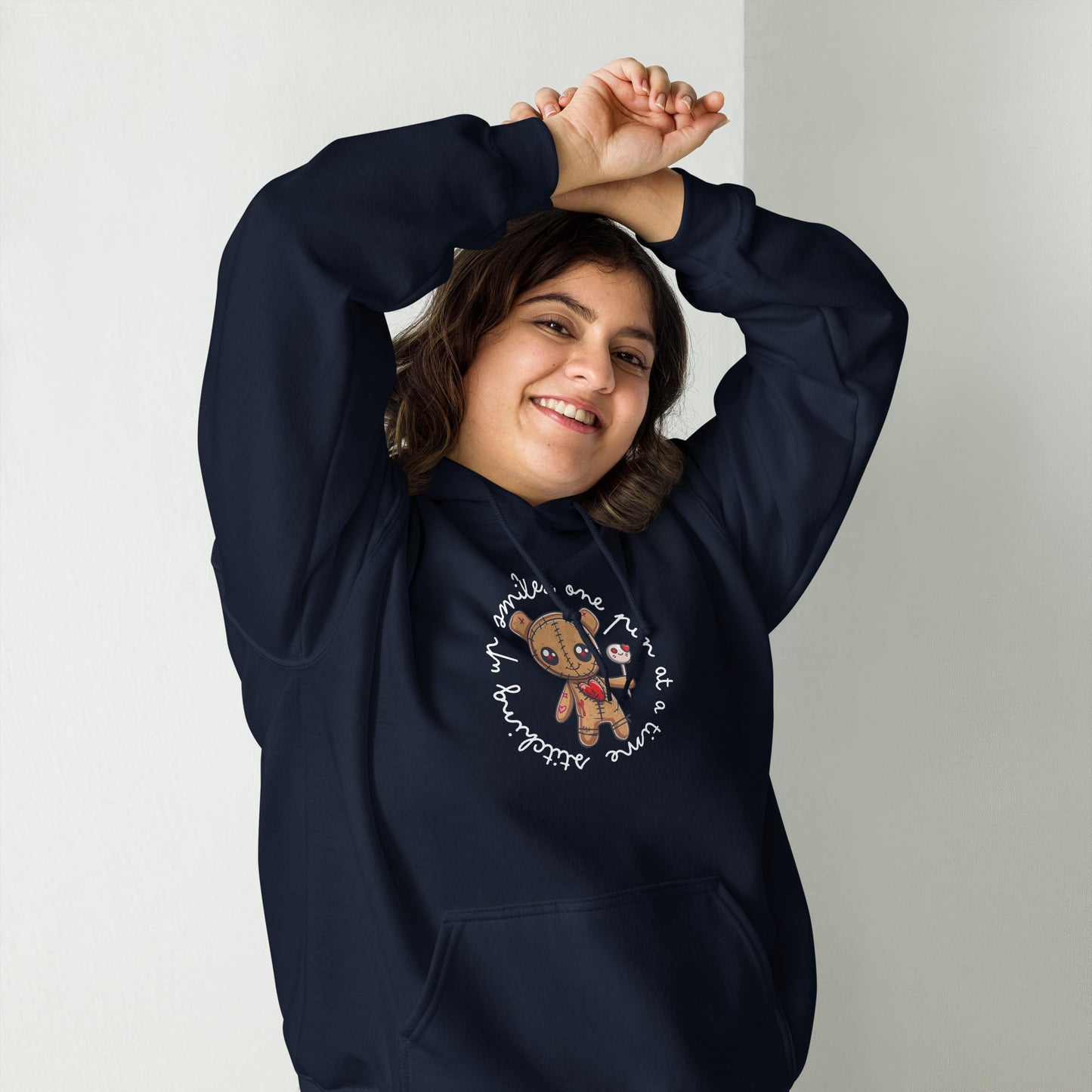 Voodoo Doll Quote: "Stitching up smiles one pin at at time" Unisex Hoodie