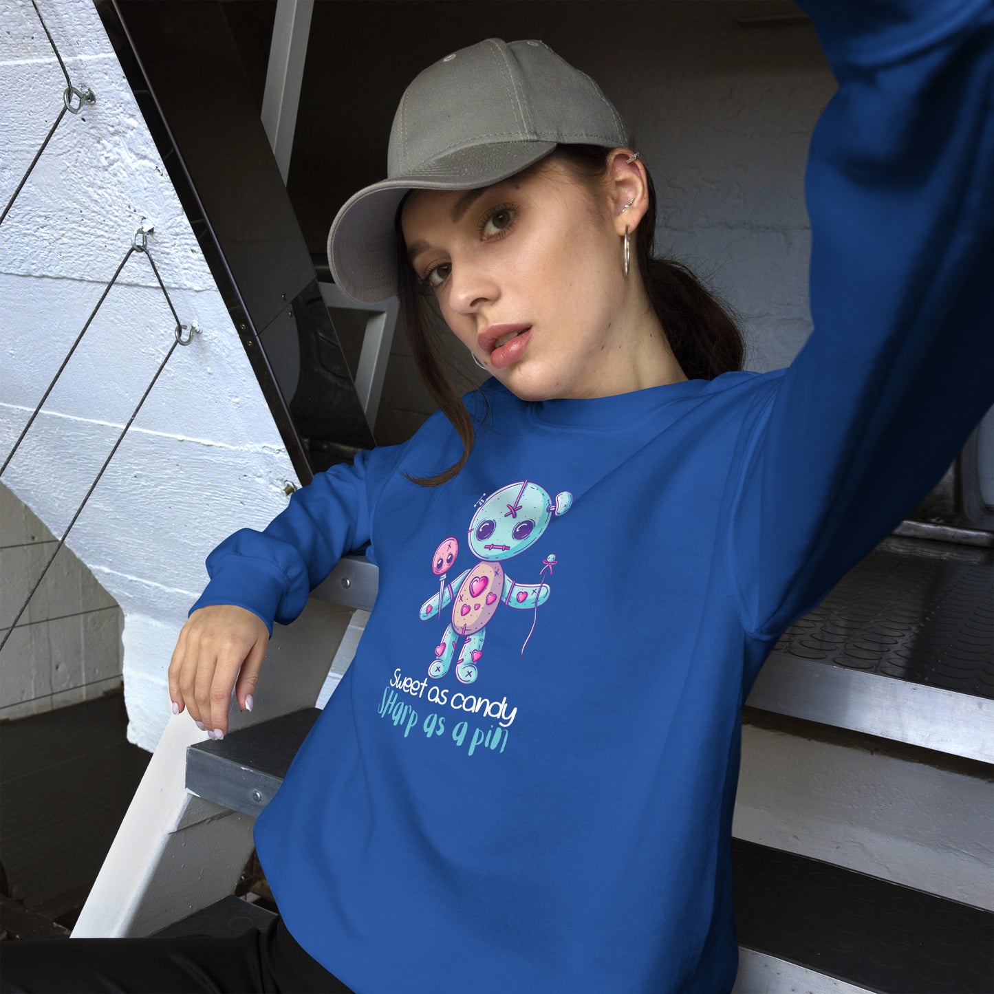 Voodoo Doll Quote: "Sweet as candy sharp as a pin" Unisex Sweatshirt