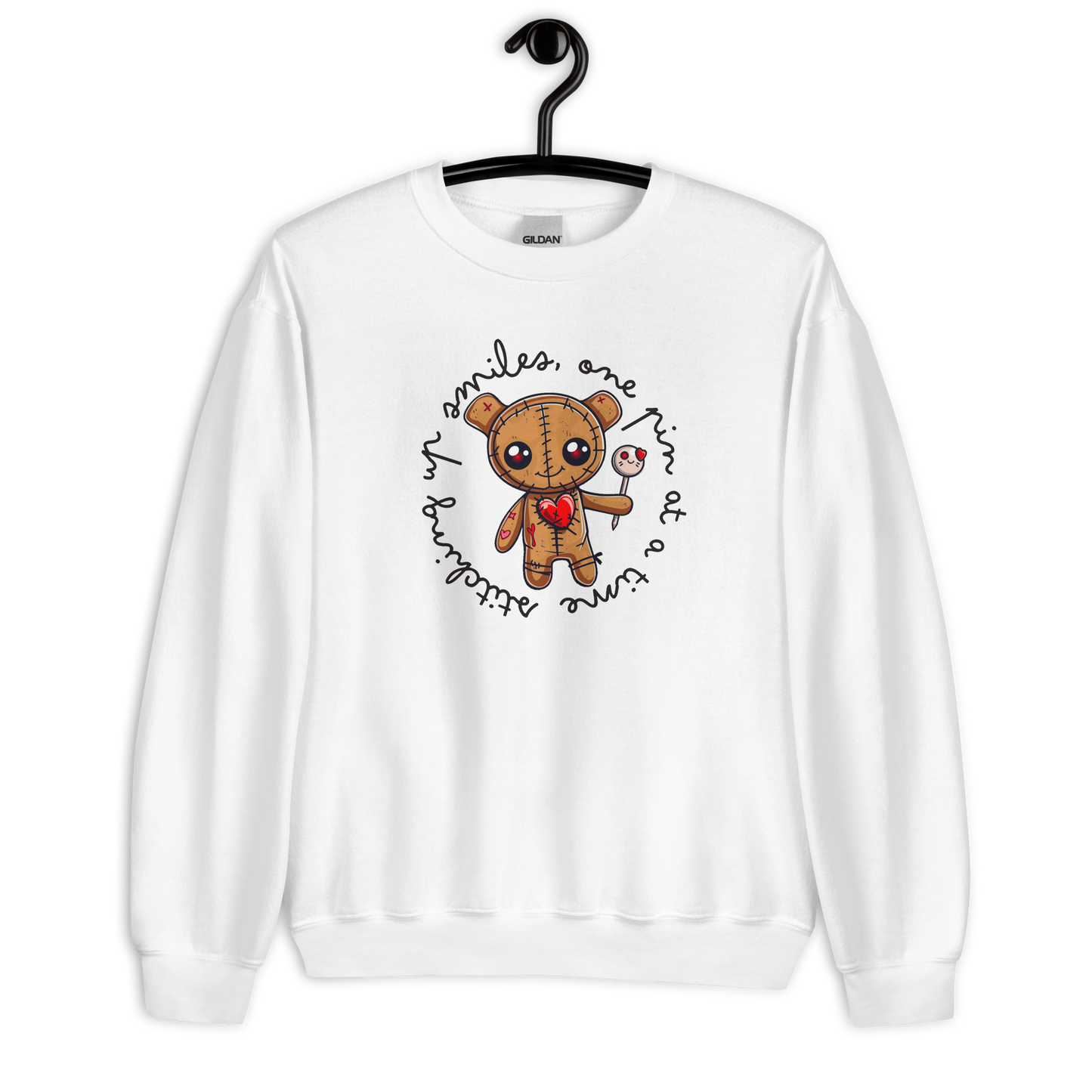 Voodoo Doll Quote: "Stitching up smiles on pin at a time" Unisex Sweatshirt