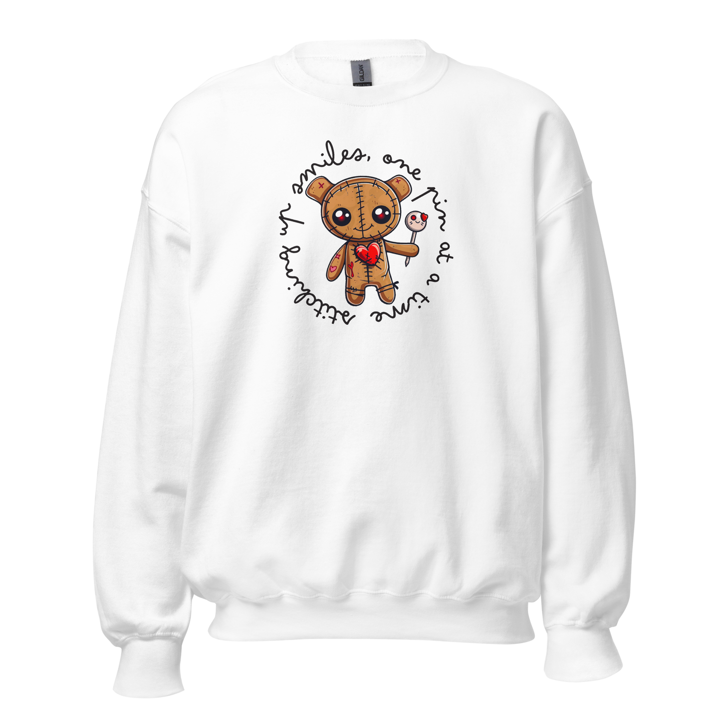 Voodoo Doll Quote: "Stitching up smiles on pin at a time" Unisex Sweatshirt