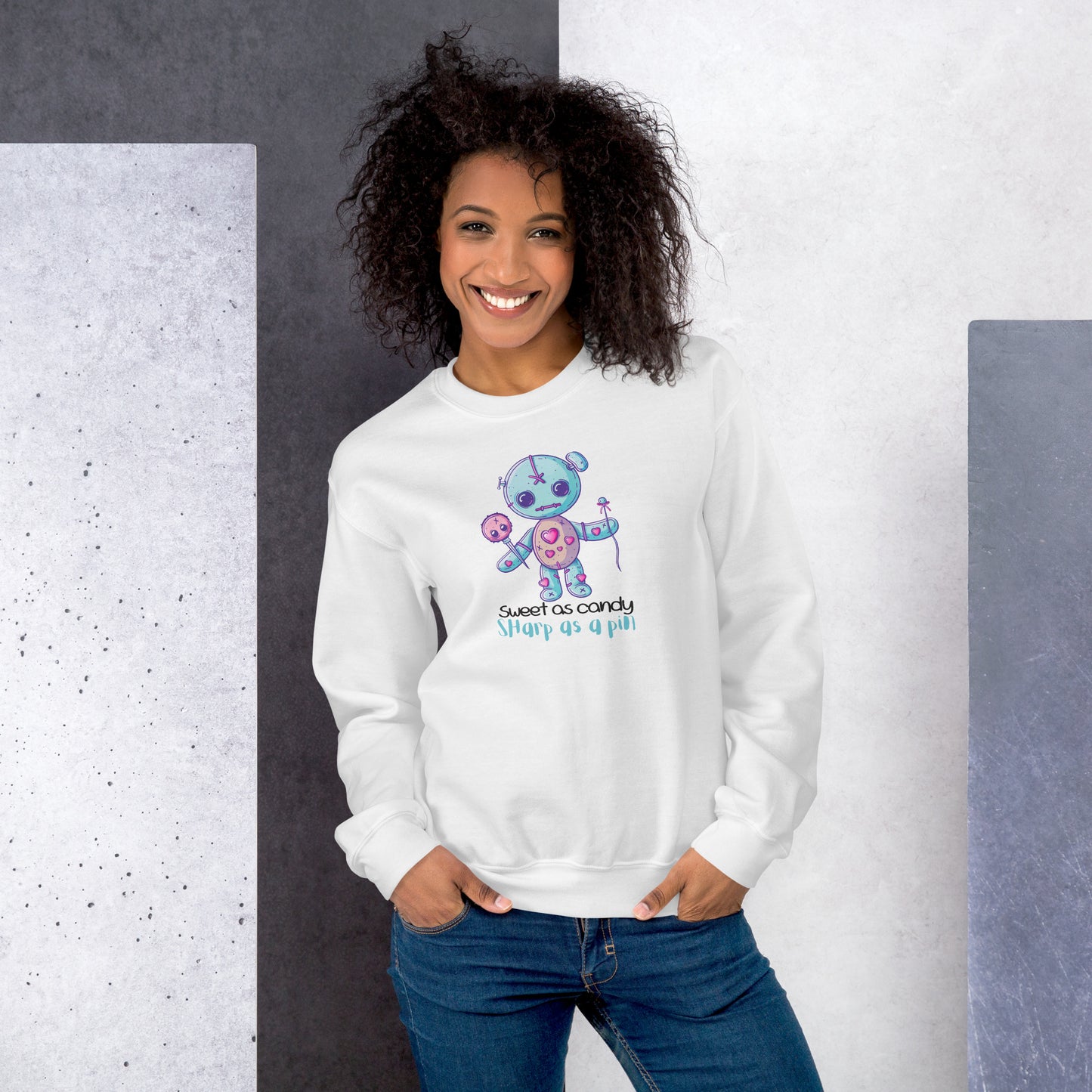 Voodoo Doll Quote: "Sweet as candy sharp as a pin" Unisex Sweatshirt