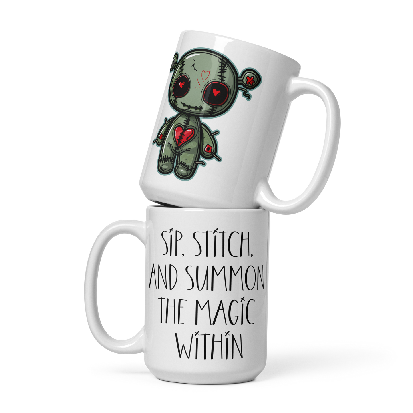 Voodoo Doll Coffee Mug: "Sip, stitch, and summon the magic within"