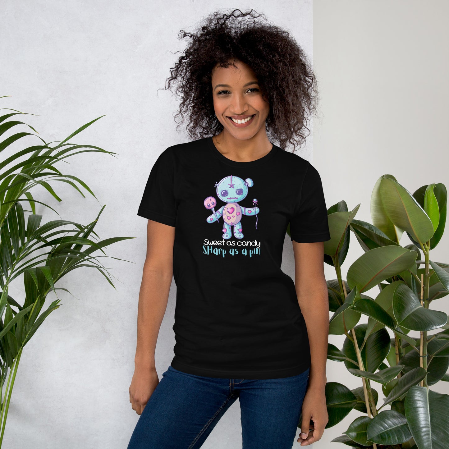 Voodoo Doll Quote: "Sweet as candy sharp as a pin" Unisex t-shirt